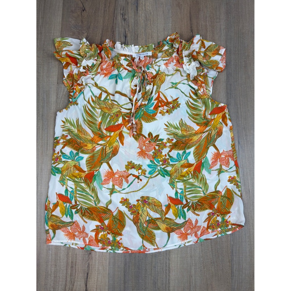 Rose + Olive Women Tropical Floral Ruffle Sleeve Blouse White Orange Green Large